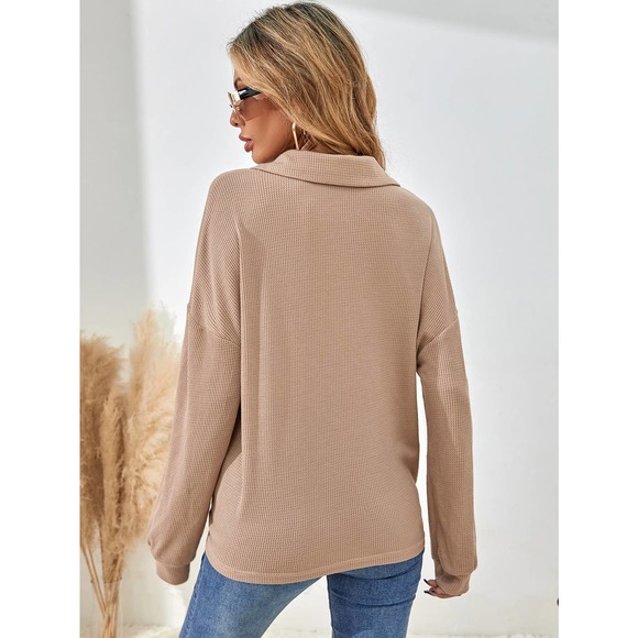 🌟 fold down collared Half Button henley long sleeve soft knit tee fall tan - Picture 4 of 8
